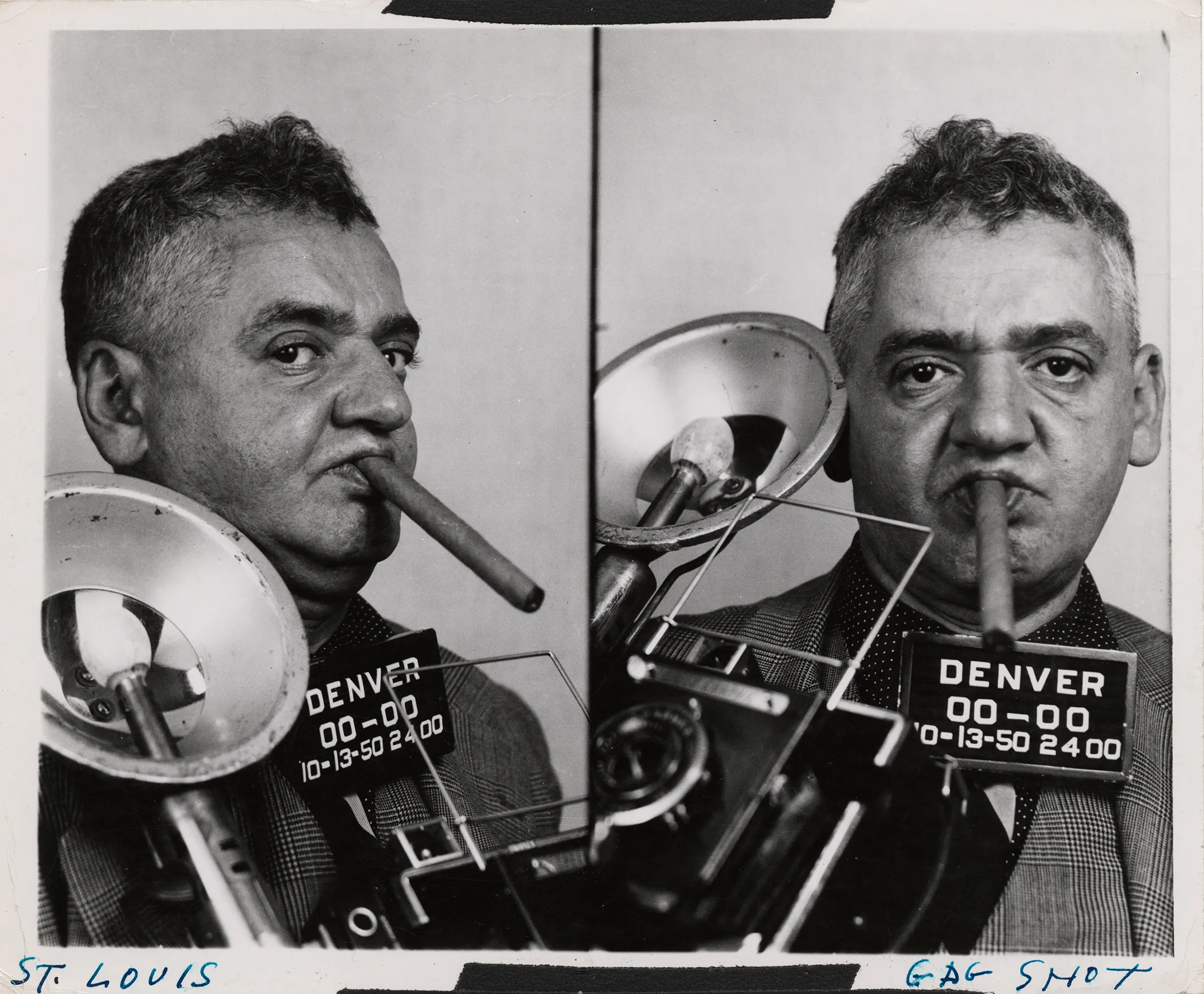 Black and white fake mugshot of Weegee with his camera