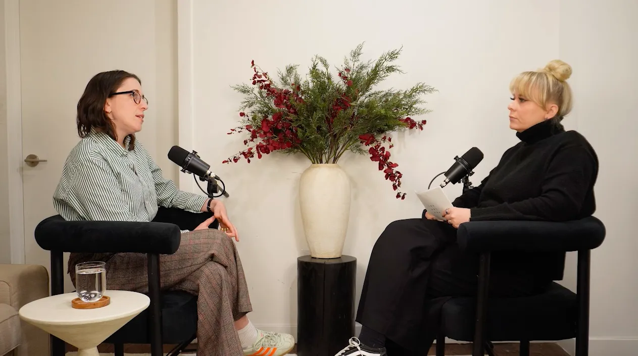 Two women in a podcast studio